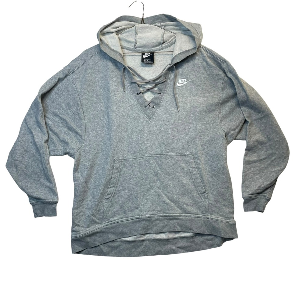 Nike Sportswear Lace Up Hoodie Heather Gray Womens Medium 929531-063 Pullover